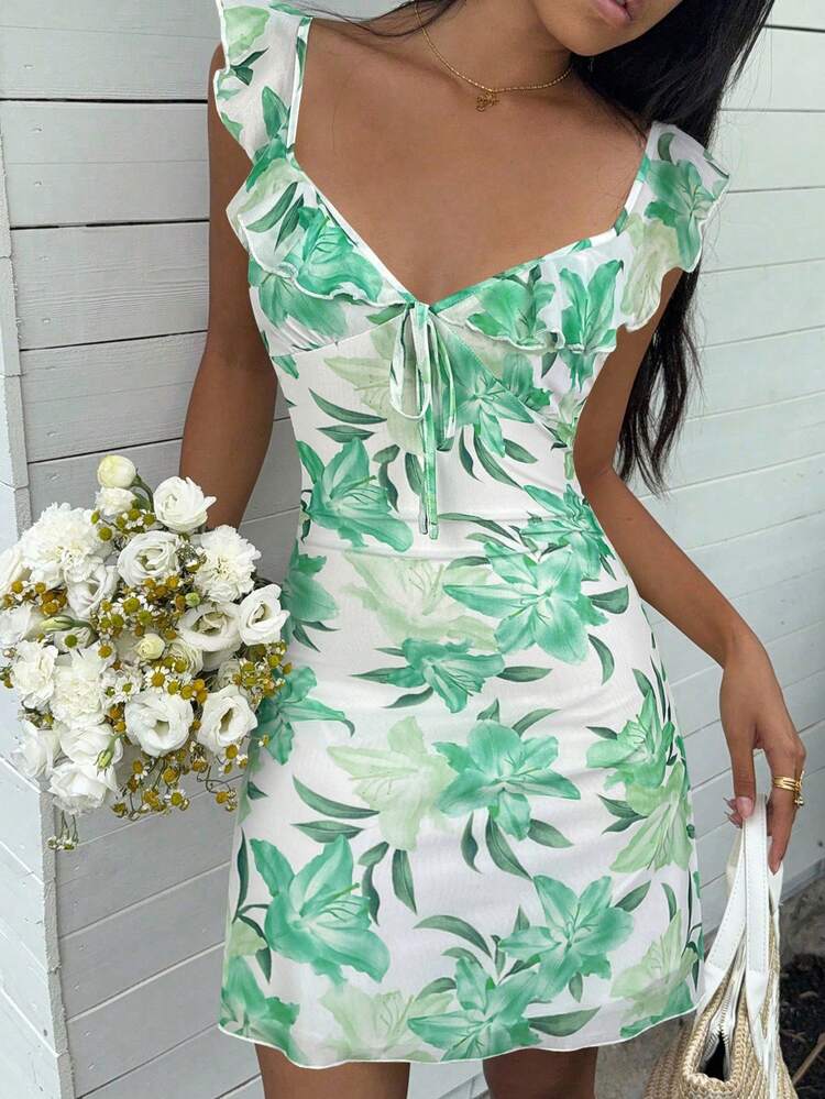 SHEIN EZwear Vestido mini casual de mujer con estampado floral verde, estilo bohemio de verano - Verde - Añade 1