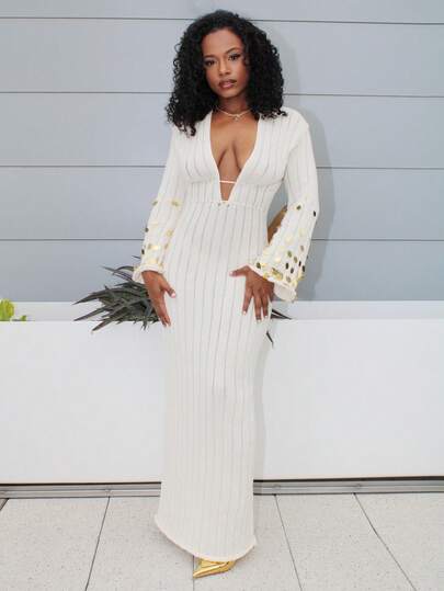 Steph T فستان محبوك مطرز بالترتر جديد للخريف/الشتاء للنساء