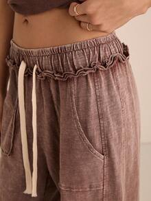 Easelle Dark Brown Solid Color Drawstring Waist Loose Casual Pants, Washed Long Pants With Snowflake Pattern - Brown - View 4