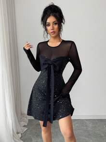 Rafferiza Black Mesh Patchwork Sequin Dress / Bow Tie Front Design / Sexy & Sweet Style / Long Sleeve / Fitted Slim Silhouette Short Dress - Black - View 5