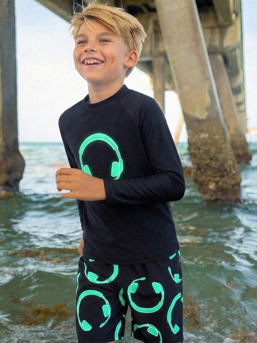 SHEIN Tween Boy Casual Fitted Video Game Glow-In-The-Dark Print Tankini 2 Pieces Swimsuit Set, Suitable For Spring/Summer, Beach Vacation - Black - View 1