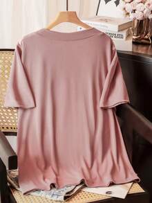 Lacomfia Women's Pearl Decor Loose Comfortable Elegant Fashion Versatile Plus Size T-Shirt - Pink - View 2