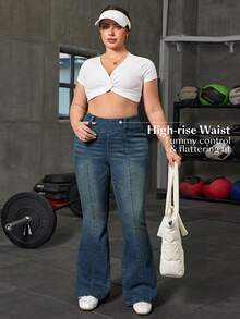 Flexra Plus Size Casual Everyday Washed Slant Pocket Flare Jeans - Blue - View 3