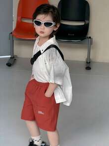 DAZY Young Boy Letter Print Elastic Waist Casual Shorts With Slant Pockets - Red Orange - View 3