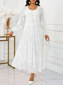 SHEIN Lady 两件套女士简约纯色系带长袖上衣和裙子套装 - 白色 - 查看 8