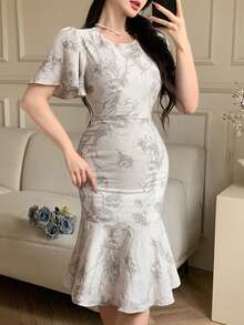 DAZY Women's Round Neck Raglan Short Sleeve Fitted Elegant Mid-Length Summer Dress - Light Grey - View 6