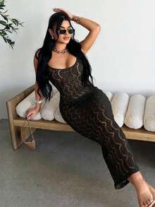 SHEIN SXY 女士性感纯色镂空紧身吊带裙 - 黑色 - 查看 3