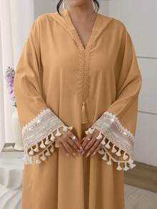 SHEIN Najma Hooded Lace Ribbon Batwing Tassel Dress For Women - Orange - View 4