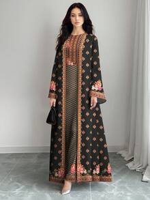 SHEIN Najma Women's Retro Floral & Herringbone Print Elegant Round Neck Maxi Dress With Abaya Cardigan, 2-Piece Set, Spring/Summer - Multicolor - View 1