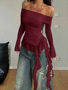 Coolane Camiseta blanca de hombros descubiertos con volantes y lazos, estilo urbano, de temporada, para festivales, conciertos country, Y2K, boho y gyaru para mujer - Burdeos - Ver 2