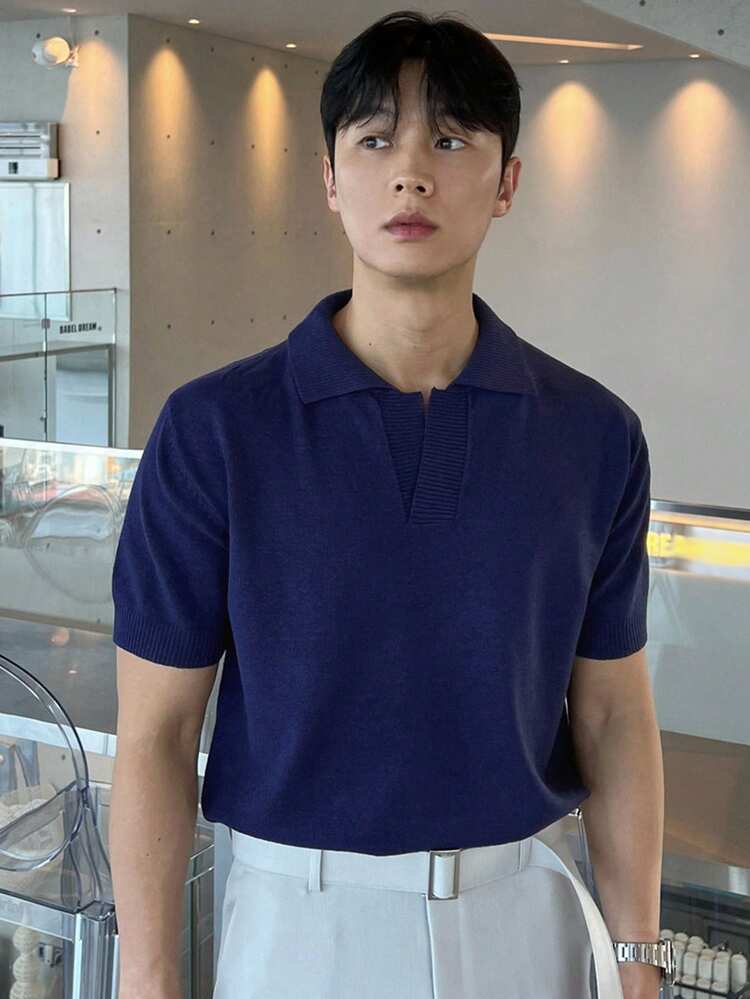 Navy Blue Polo Neck Solid Color Knit Top For Men, Summer