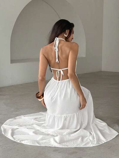 Aloruh Women's Bohemia Elegant Backness Halter Solid Color Maxi White Dress,Summer Dresses,Beach Dresses For Women, Wedding Guest Dress For Women,Elegant Dress Women ,Vacation Dresses,White Dresses For Women