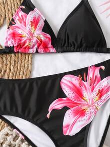 SHEIN 少女休闲简约黑色芙蓉花、火焰百合、百合印花沙滩度假风挂脖比基尼泳装套装，适合夏季穿着 - 黑色 - 查看 6