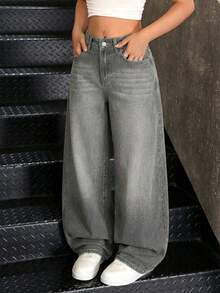 SHEIN Women's Casual Loose Fit Pocket Button Denim Jeans - Grey - View 5