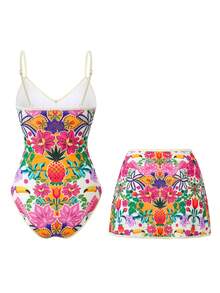 Swim Oasis 女士泳衣套装，花卉水果印花系带款，两件套夏季沙滩度假装 - 彩色 - 查看 2
