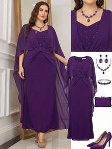 Reflora Plus Size Women Elegant Purple Dress,Formal Wedding Guest Party Dress,Sweetheart Neck Rhinestone & Faux Pearl Decor Bodycon Mermaid Hem,Autumn 2026 - Purple - View 10