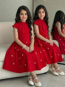 SHEIN 女童优雅串珠荷叶边立领腰部喇叭裙摆公主裙，红色，适合婚礼、庆典、派对和日常穿着 - 紅色 - 查看 4