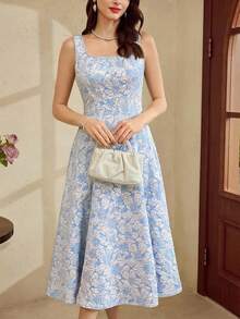 Vintamour Abito vintage elegante da donna in jacquard floreale, abito casual da lavoro, abiti estivi da donna, abiti da sera da donna, abiti primaverili da donna, abito di Pasqua da donna, abiti da vacanza da donna, abiti primaverili da donna, abito da ospite di matrimonio da donna, abiti estivi da donna, abiti formali da donna, abiti estivi da donna, abiti eleganti da compleanno da donna, abiti da sole da donna, abito da laurea, abito primaverile - celeste - Visualizzare 2