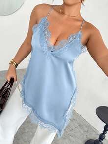 Firerie Plus Size Sexy Solid Color Lace Patchwork Asymmetric Hem Camisole, Summer Tops - Blue - View 5