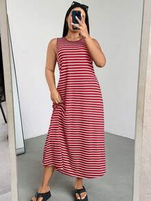 SHEIN Essnce 大码女式夏季连衣裙、女式夏季连衣裙、女式度假连衣裙、女式夏季连衣裙、毕业礼服、商务休闲女式连衣裙、女式办公连衣裙、毕业礼服、新款时尚休闲通勤装、条纹无袖带口袋连衣裙、长款连衣裙、A字连衣裙、黑白条纹连衣裙、休闲连衣裙 - 酒紅色 - 查看 5