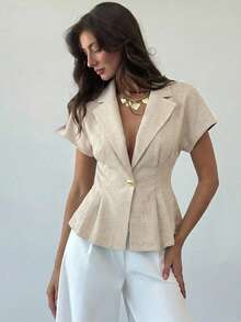 Aloruh Áo blazer nữ tay ngắn, dáng suông, chất liệu linen màu mơ, thích hợp cho công sở/thường ngày, mùa hè, lễ tốt nghiệp, trang phục giáo viên, tựu trường mùa thu/đông. - Màu Khaki - Xem 1
