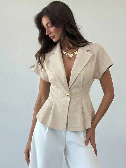Aloruh Women's Casual/Office Fashion New Linen Cinched Waist Short Sleeve Linen Blazer In Apricot, Summer Office Outfits For Women,Graduation,Teacher Outfits For Women,Back To School In Fall/Winter