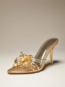 SHUZIA Women's Sexy Point Toe Gathered Vamp With Flower Slip-On Heeled Sandals For Christmas Valentine's Day Summer Shoes - Gold - View 5