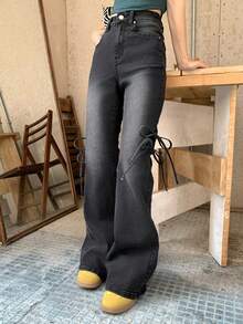 FRIFUL Women's Fashion Street Washed Tie Flared Jeans With Slant Pockets - Blue - View 4