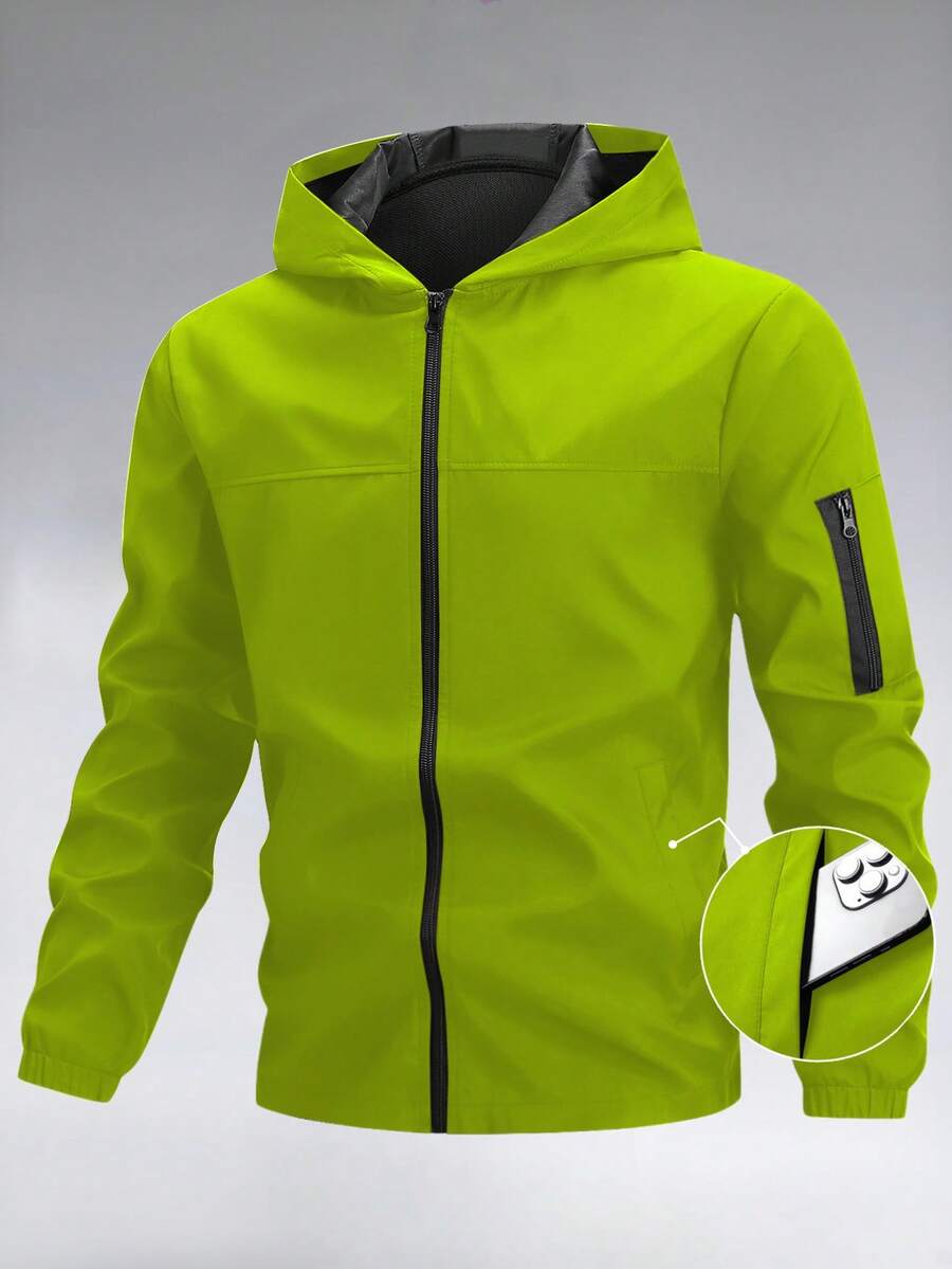 Manfinity Homme Áo khoác dài tay có mũ trùm đầu, màu trơn, túi khóa kéo, đa năng dành cho nam, thích hợp cho hoạt động ngoài trời. - Màu xanh Bạc hà - Xem 1