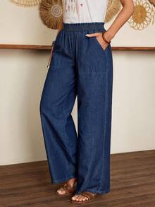 Breezaya 女士松紧腰宽松口袋牛仔裤，适合日常穿着 - 深色水洗藍 - 查看 4