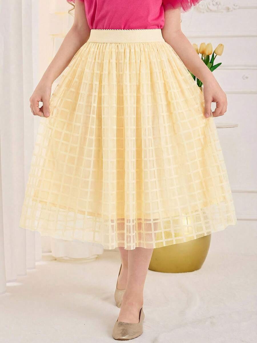 SHEIN Tween Girl Elegant Vacation High Waist Plaid Mesh Skirt With Lining - Apricot - View 1
