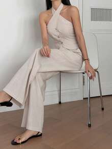 DAZY Women's Summer Halter Backless Fitted Cropped Sleeveless Tank Top And Loose Wide Leg Pants 2 Piece Set, Casual Outfit - Apricot - View 6