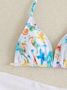 SHEIN 少女比基尼套装，海星贝壳印花三件套泳衣，带裙子，时尚优雅，适合游泳、度假、夏季穿着（印花随机） - 白色 - 查看 3