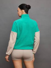 Activina Women's Letter Graphic Contrast Color Drop Shoulder Zip-Up Half Placket Pocket Fleece Sweatshirt - Green - View 2