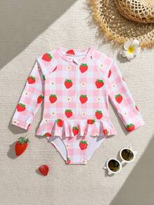 Baby Girls' Pink Strawberry Print Long Sleeve Ruffled Hem One-Piece Swimsuit - Pink - View 1