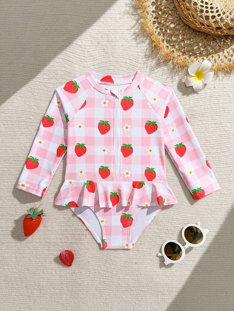 Baby Girls' Pink Strawberry Print Long Sleeve Ruffled Hem One-Piece Swimsuit - Pink - View 1