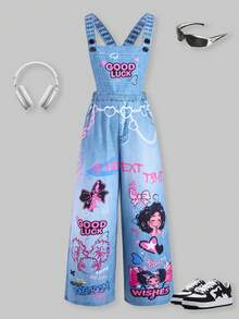 SHEIN ChillGRL 少女印花背带裤，适合返校季、个性化穿搭、春夏秋季、日常街头风 - 淺色水洗藍 - 查看 1