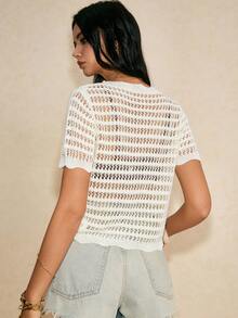 Poéselle 女士透明纯色纽扣装饰针织上衣，适合日常穿着 - 白色 - 查看 3