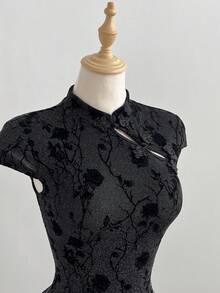 Elamini Casual Stand Collar Silver Thread Flocked Button Slit Black Mini Dress For Women - Black - View 1