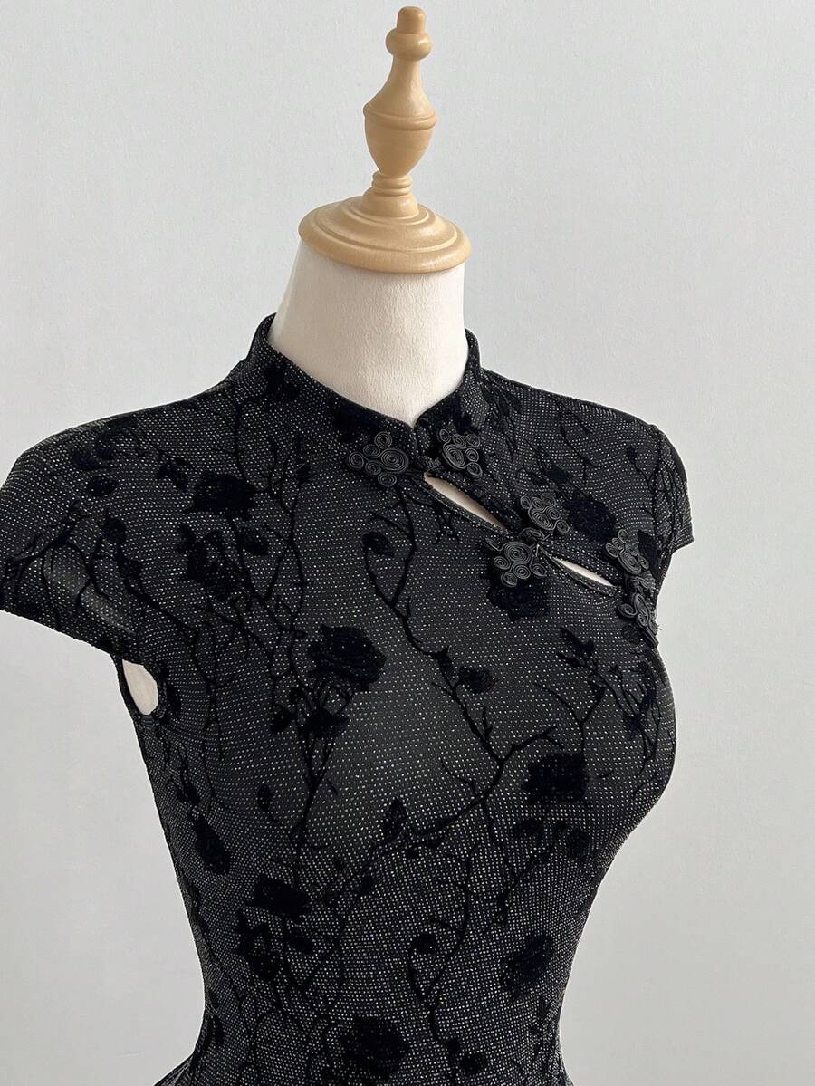 Elamini Casual Stand Collar Silver Thread Flocked Button Slit Black Mini Dress For Women - Black - View 1