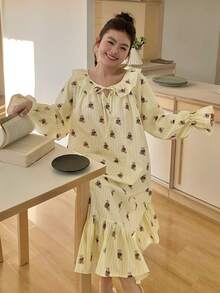 Dazy Plus Cute Cartoon Bear Pattern Floral Loose Fit Dolman Sleeve Nightgown - Yellow - View 7