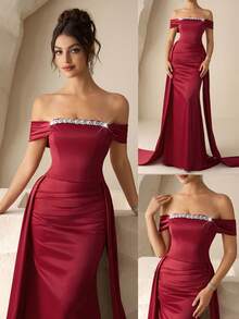 Coutiva Váy dạ hội trang trọng không dây đính đá Rhinestone dành cho nữ, tay áo xếp nếp - Màu Đỏ Sâu - Xem 1