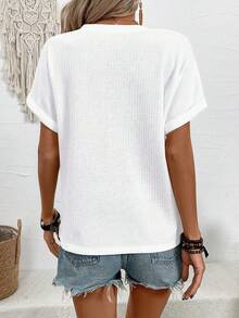 Selamara New Fashionable Casual Basic V-Neck Cuffed Sleeve Women T-Shirt - White - View 2