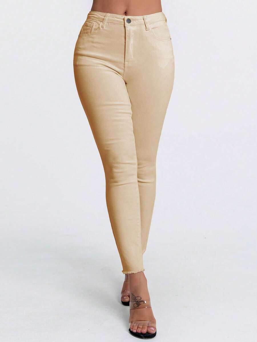 Flexra Solid Color Pocket Skinny Casual Fashionable Jeans - Khaki - View 1
