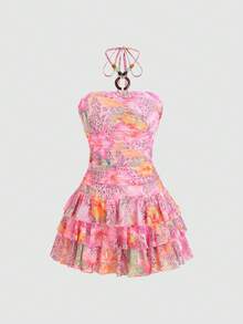 SHEIN Unity 花卉豹纹网纱衬里琥珀珠和木环装饰无肩带露背荷叶边层叠迷你连衣裙，优雅浪漫复古休闲沙滩度假风，适合春夏穿着。 - 粉色 - 查看 3