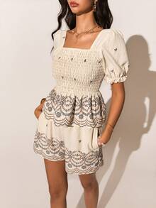 Poéselle 2pcs Woven Floral Hem Puff Sleeve Women Set,Summer Music Festival Outfits,Holiday Date Outfits,Boho Inspired Printed Vacation Two-Piece Set - Khaki - View 2