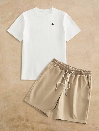 HIMLAND סט חולצה ומכנסיים קצרים עם צווארון עגול בצבע אחיד לגברים