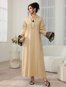 Al Najma Abaya Women's Long Robe, Exquisite Embroidered Sash Bohemian Style Dress, Middle Eastern, Dubai, Turkish - Khaki - View 7