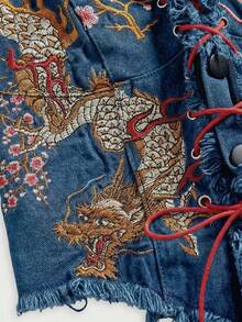 ROMWE Áo denim nữ kiểu dáng retro xe máy J-Fashion phong cách Trung Quốc mới, thêu họa tiết, cổ yếm, gợi cảm. - Rửa nhẹ - Xem 3