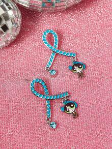 THE POWERPUFF GIRLS X SHEIN 1 Set Fashion Zinc Alloy Cartoon Pattern Printed Rhinestone Stud Earrings, Simple & Elegant, Suitable For Party, Concert, Festival - Platinum - View 8